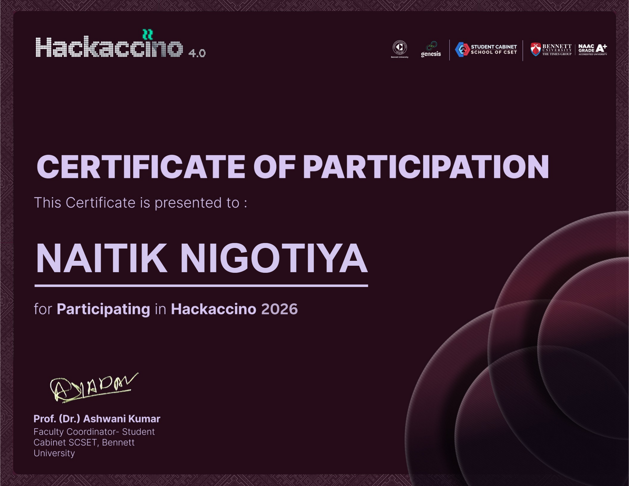 Hackaccino 4.0 Certificate